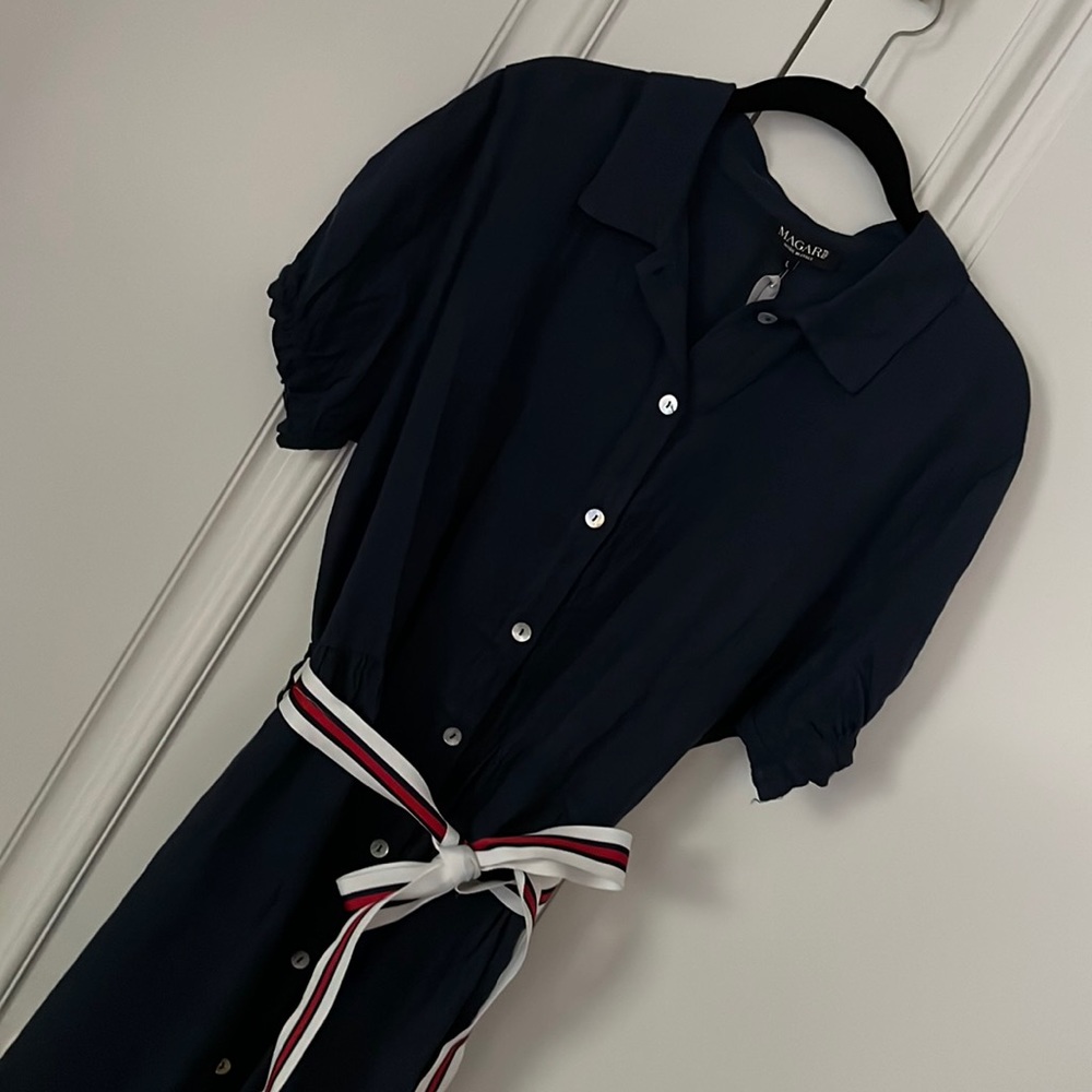 Linen midi dress, Magaribrand, button front, navy, size L